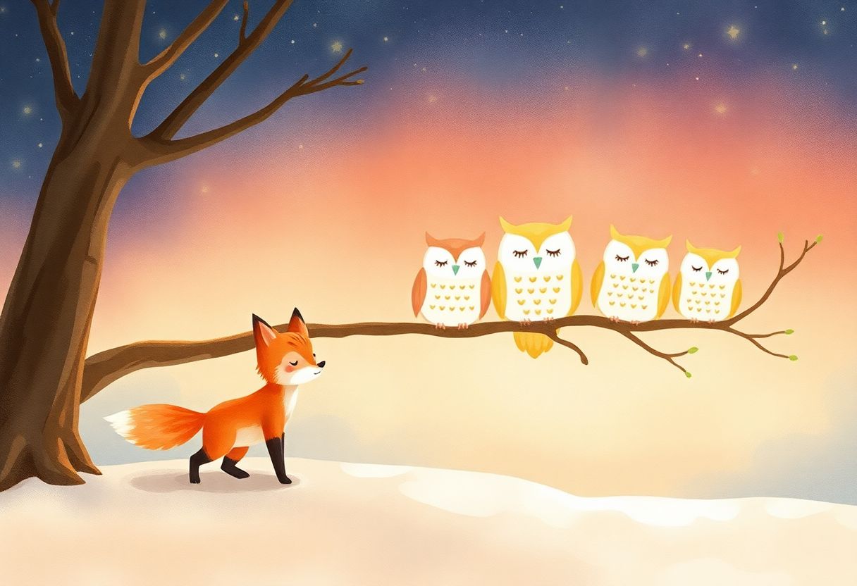 A brave little fox tiptoes past sleeping owls under a starry sky